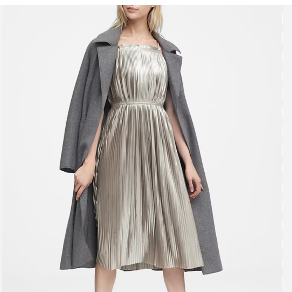 Banana Republic Metallic Silver Pleated Midi Dress